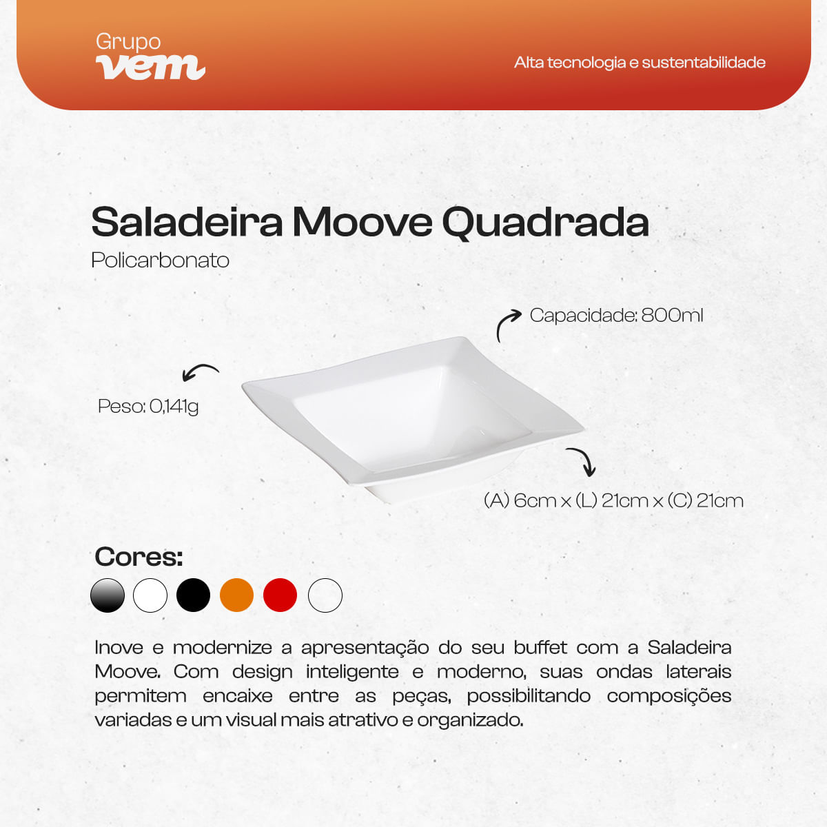 Saladeira Moove Quadrada 800ml Laranja em Policarbonato - Imagem 4